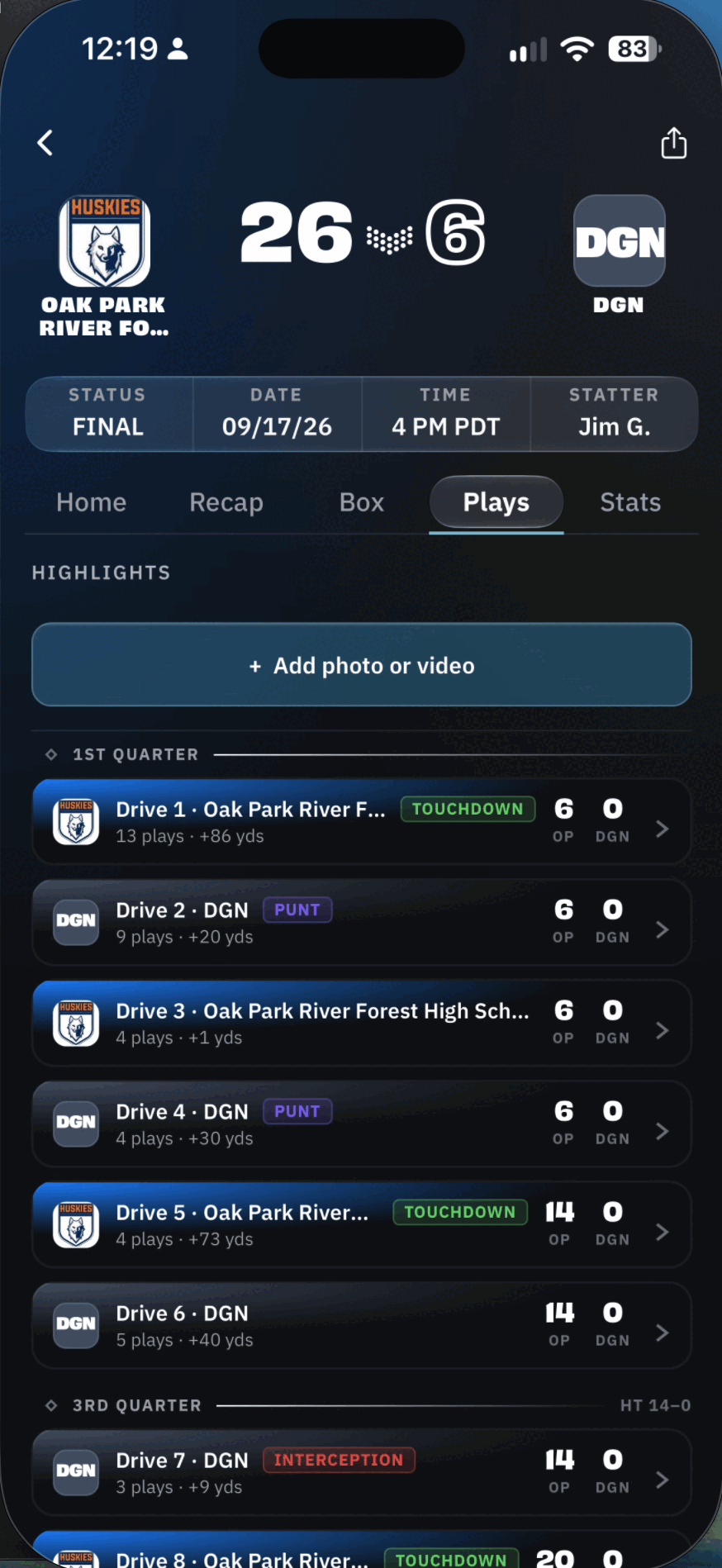 Play-by-play in the BreakAway app