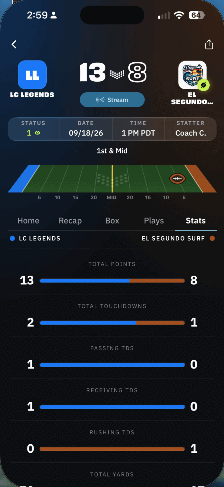 Team-versus-team stats in the BreakAway app