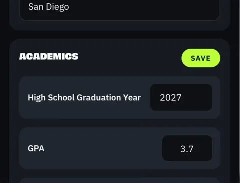 The Academics card in My Recruiting: high school graduation year 2027, GPA 3.7