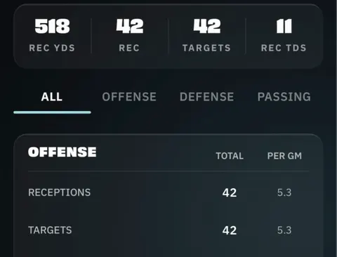 Career totals and the offense table on Sophia Johnson's Stats tab in the BreakAway app