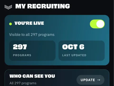 My Recruiting in the BreakAway app: You're live, visible to every program, and Who can see you