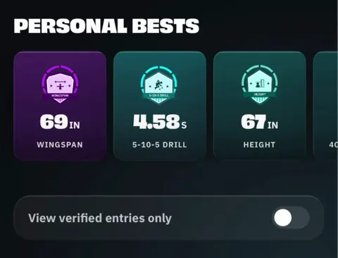 Personal bests on the Metrics tab in the BreakAway app: wingspan, 5-10-5 and height