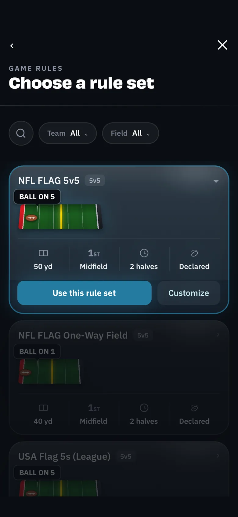 Choosing a rule set in the BreakAway app: NFL FLAG 5v5, NFL FLAG One-Way Field and USA Flag 5s (League)