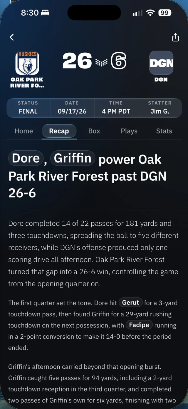 AI game recap on an athlete profile