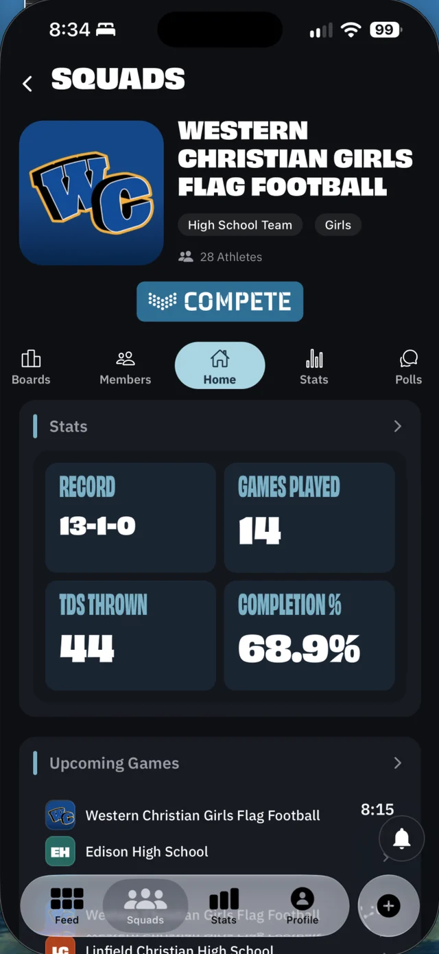 A high school team page in the app, its record, games played, touchdowns thrown and completion percentage built from the games it statted