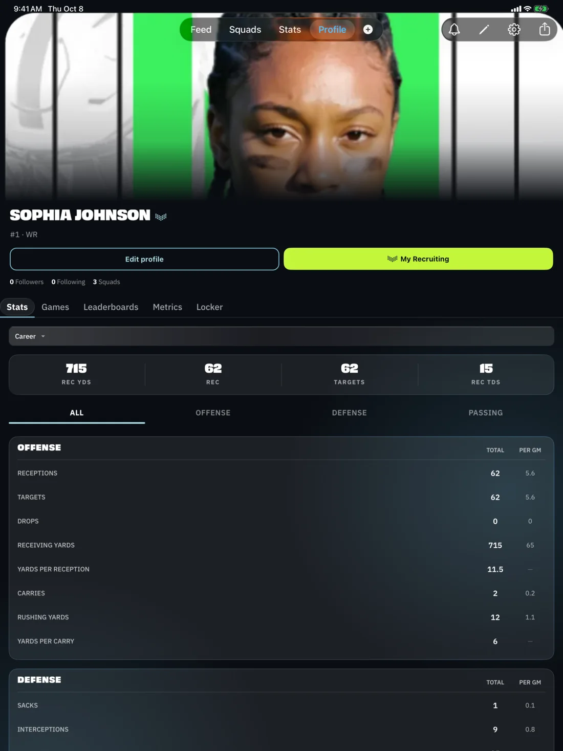 BreakAway iPad: Athlete profile, career stats (athlete view)