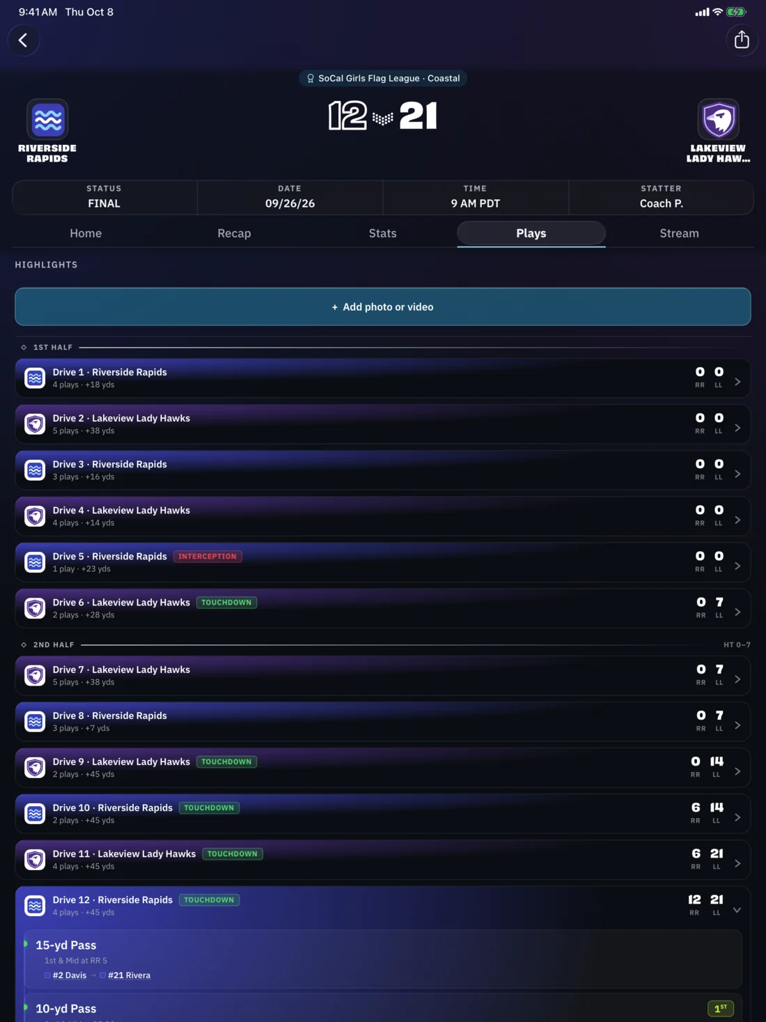 BreakAway iPad: Plays, drive by drive (fans & families view)