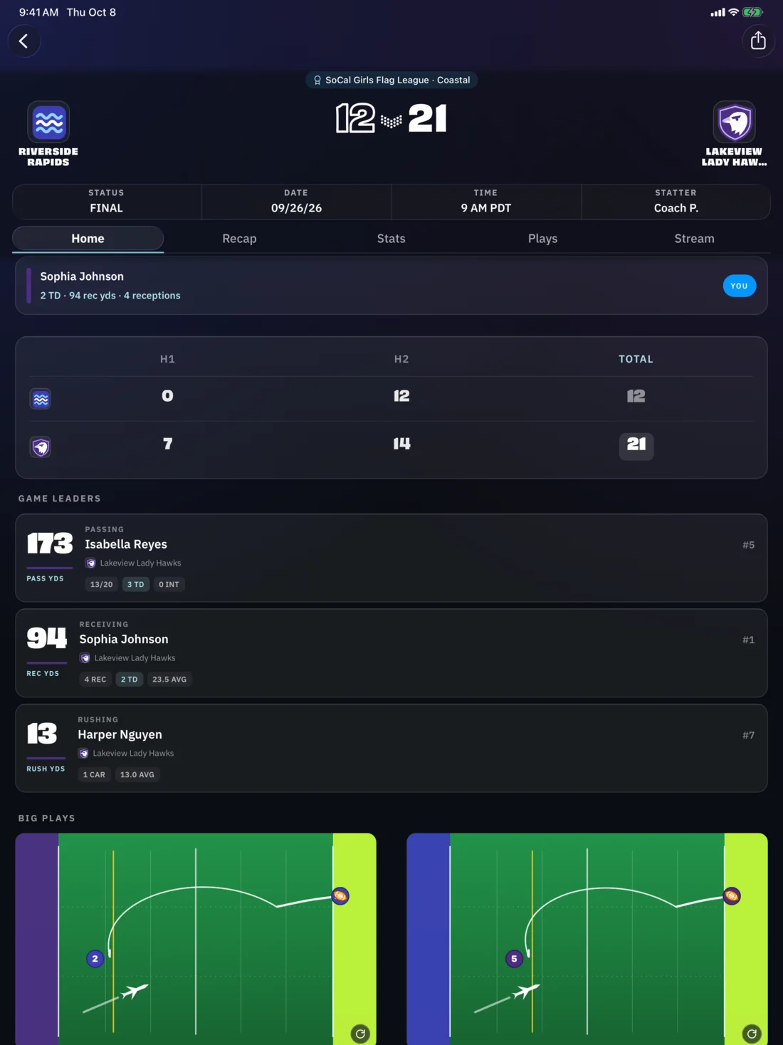 BreakAway iPad: Game Center, leaders & big plays (fans & families view)