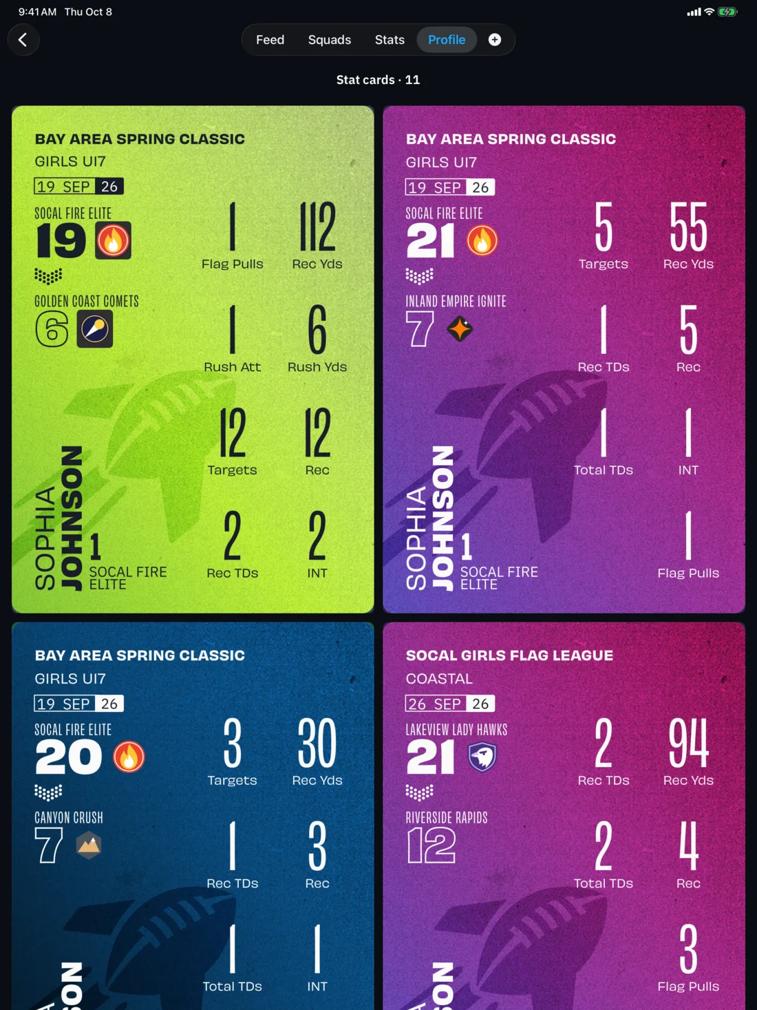 BreakAway iPad: Stat cards, the whole season (athlete view)
