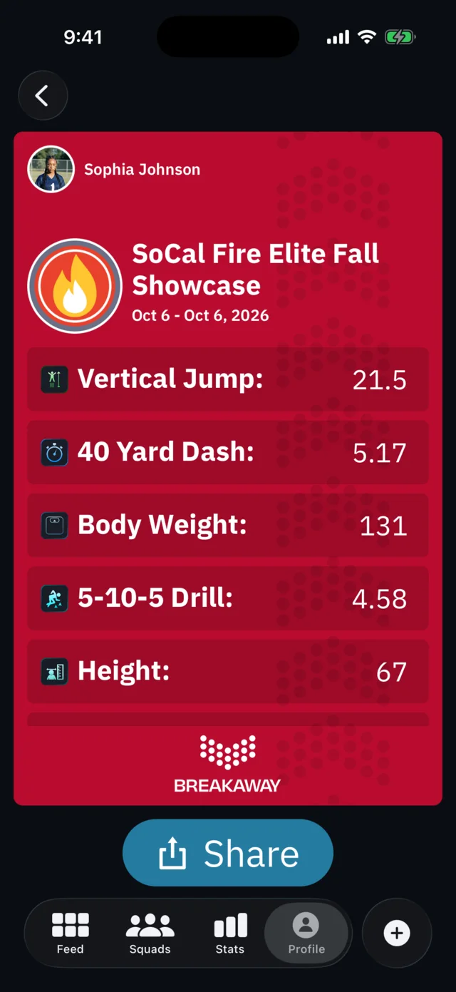BreakAway iPhone: Combine report card, verified measurables (athlete view)