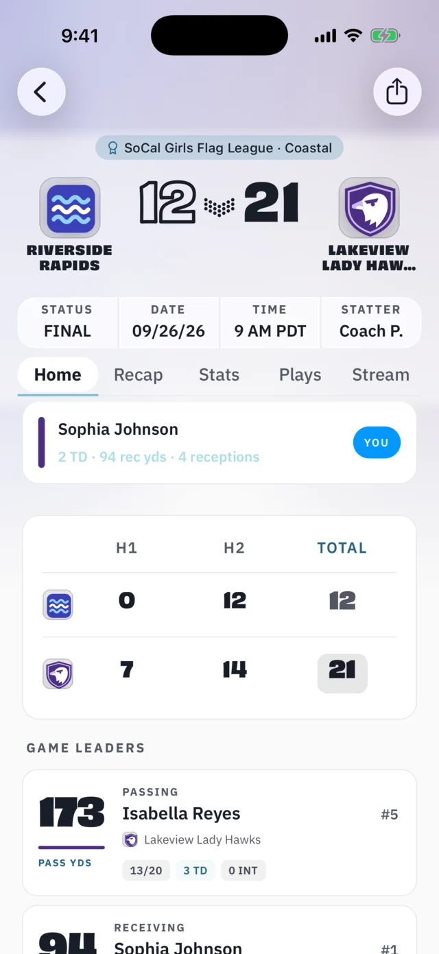 BreakAway iPhone: Game Center, light mode (athlete view)