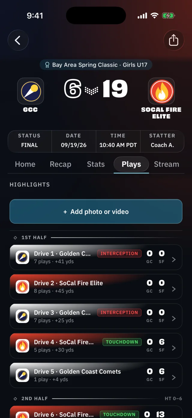 BreakAway iPhone: Plays, every drive, every play (athlete view)