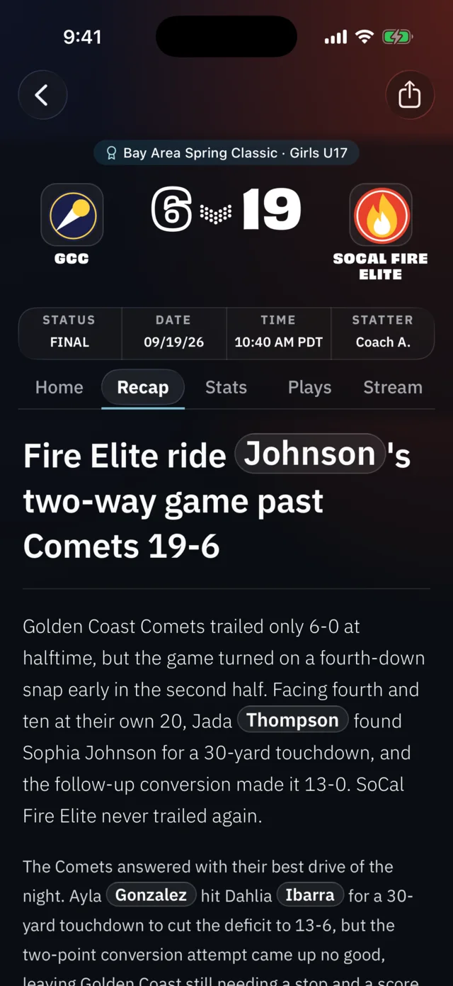 BreakAway iPhone: Recap, a story for every game (athlete view)
