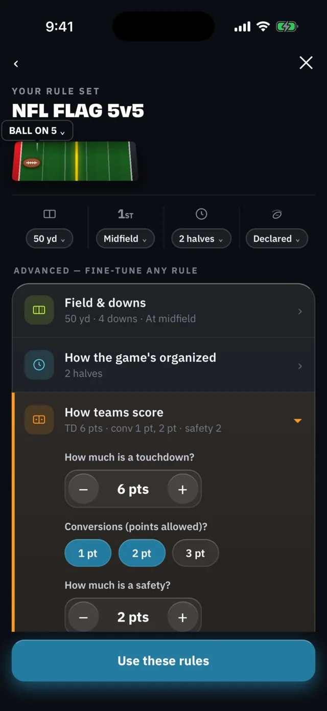 BreakAway iPhone: Scoring rules, tds, conversions & safeties (coach view)