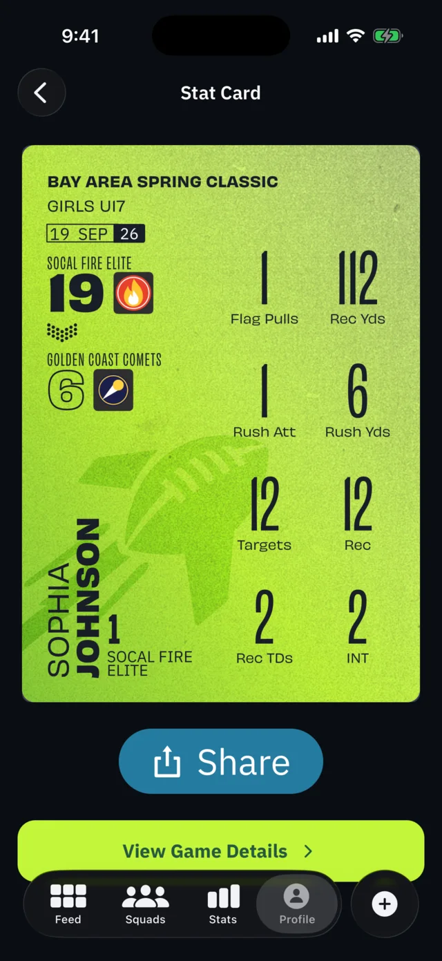 BreakAway iPhone: Stat card, one per statted game (athlete view)