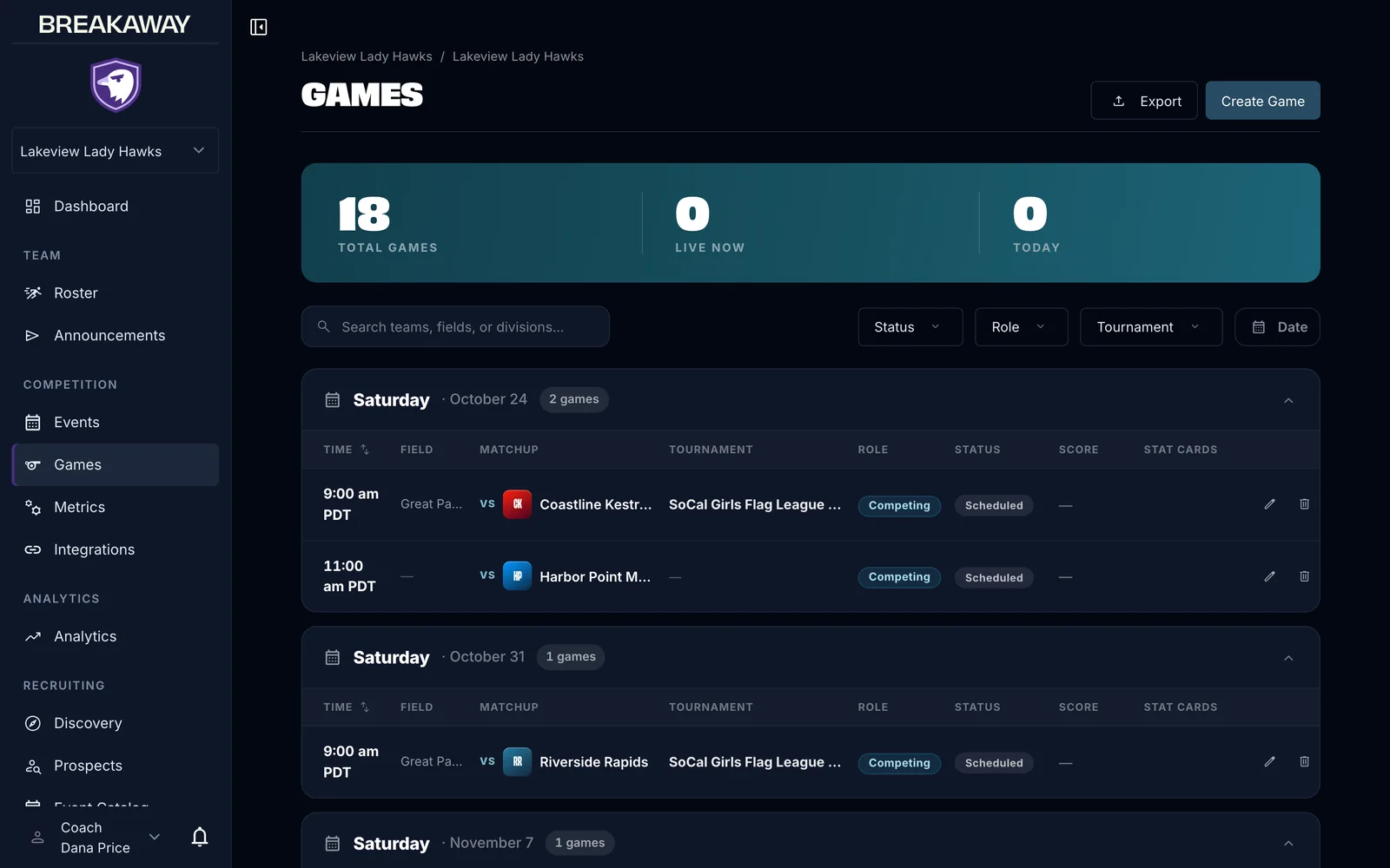 BreakAway Web: Games, every game, one list (coach view)