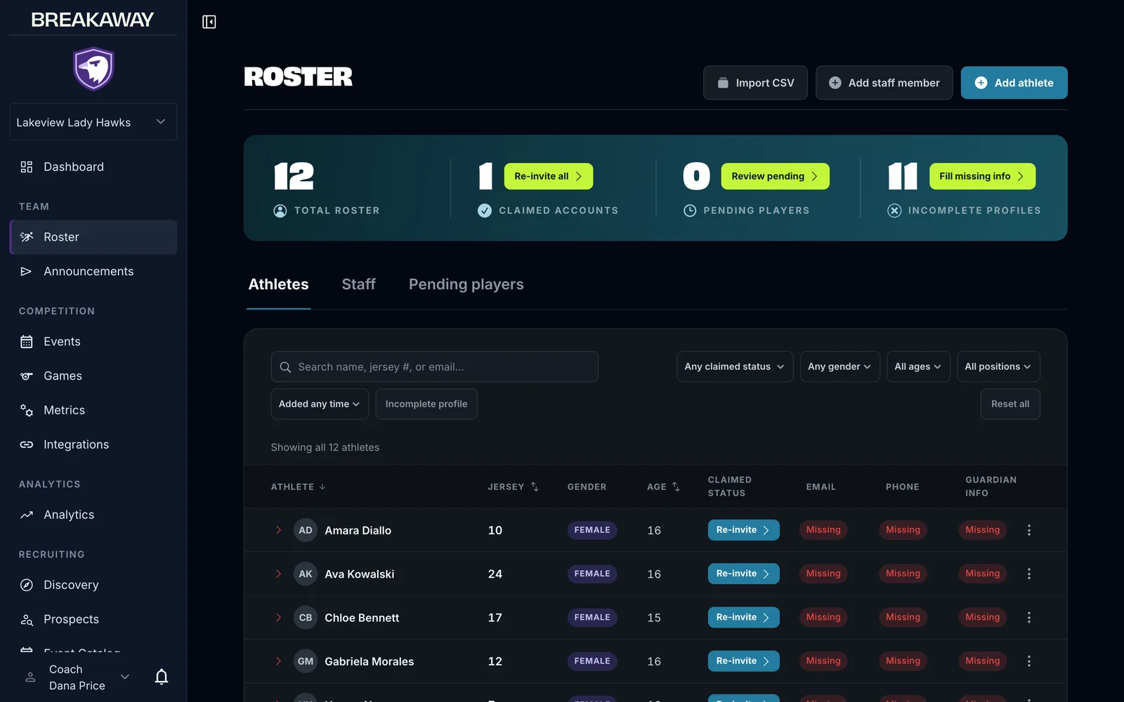 BreakAway Web: Roster, claimed accounts & invites (coach view)
