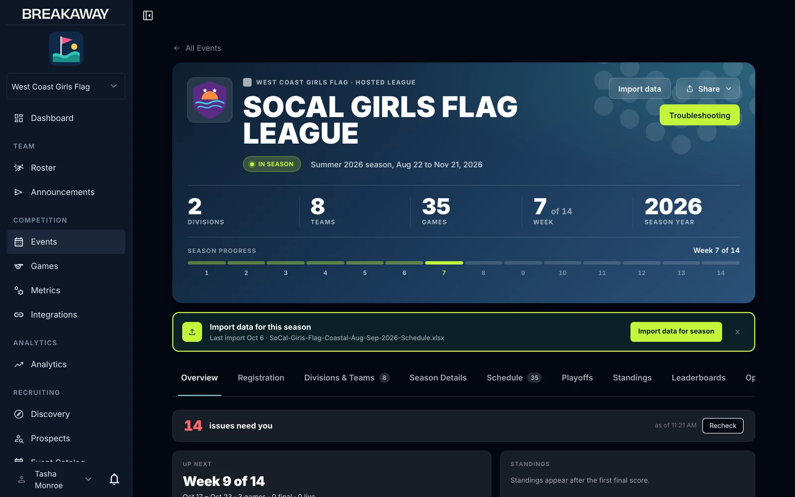 BreakAway Web: League hub, season at a glance (league admin view)