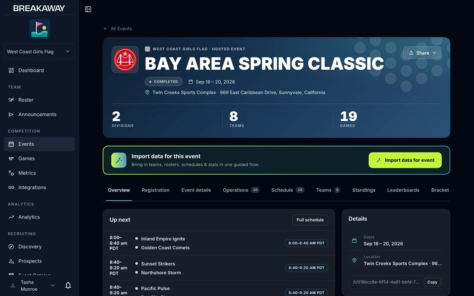 BreakAway Web: Tournament hub, pools, bracket & schedule (tournament admin view)